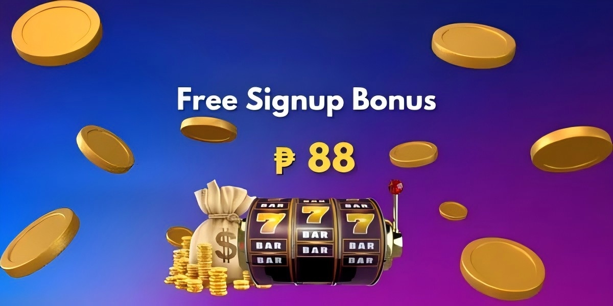 Promotional banner with a triple-seven slot machine, money bag and gold coins on a blue to purple gradient advertising a free signup bonus of 88 pesos